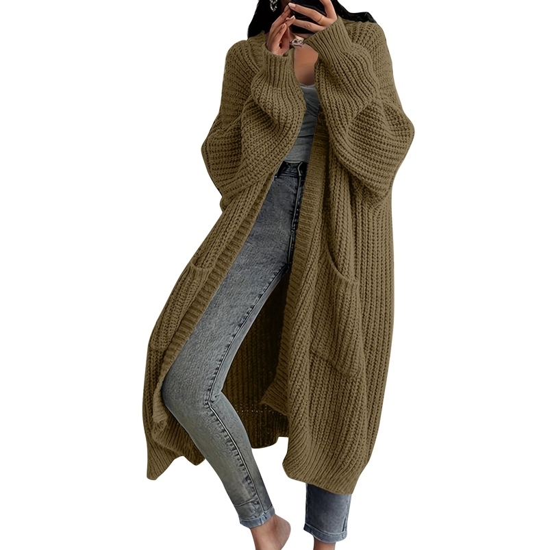 YHOPE Womens Solid Color Long Sleeved Knee Length Knitted Cardigan Lazy Trend Medium Hair Jacket 250919