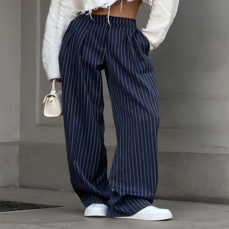 Bornladies Womens Autumn Straight Leg Striped Western Trousers Wide Loose Fashion Commuting Suit Pants 250919