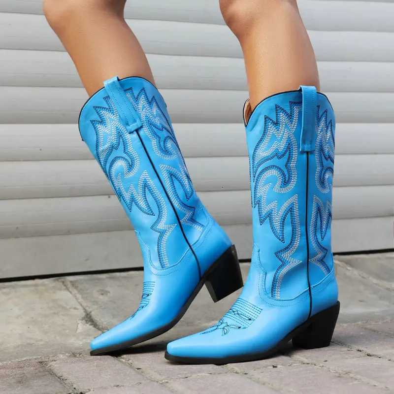 Purple Blue Embroidery Pointed Toe Chunky High Heels Women Winter Shoes Stitching Cowboy Western Midcalf Boots Big Size 48 47 W250919