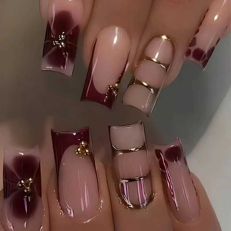 24Pcs Retro Flower Long Coffin French Fake Nails Caviar Bead Floral Gold Hollow Design Press On Nail Tips Y2k Acrylic False Nail W250919