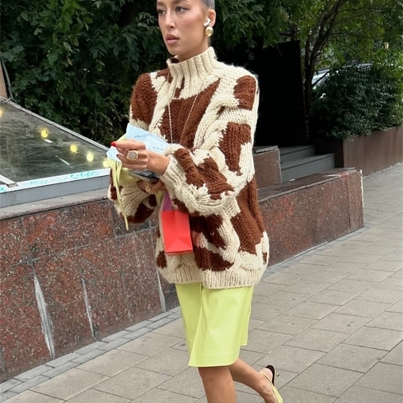 Knit Contrast Women Pullover Printed Full Sleeve Female Sweater 2025 Fashion Vintage Autumn Winter Oneck Lady Loose Outwears 250918