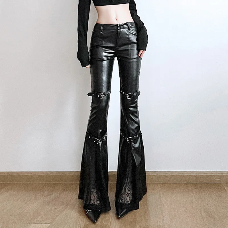 PU Leather Flare Pant Goth Buckle Lace Patchwork Fashion Y2K Streetwear Vintage Aesthetics Casual Pants Trousers 250919