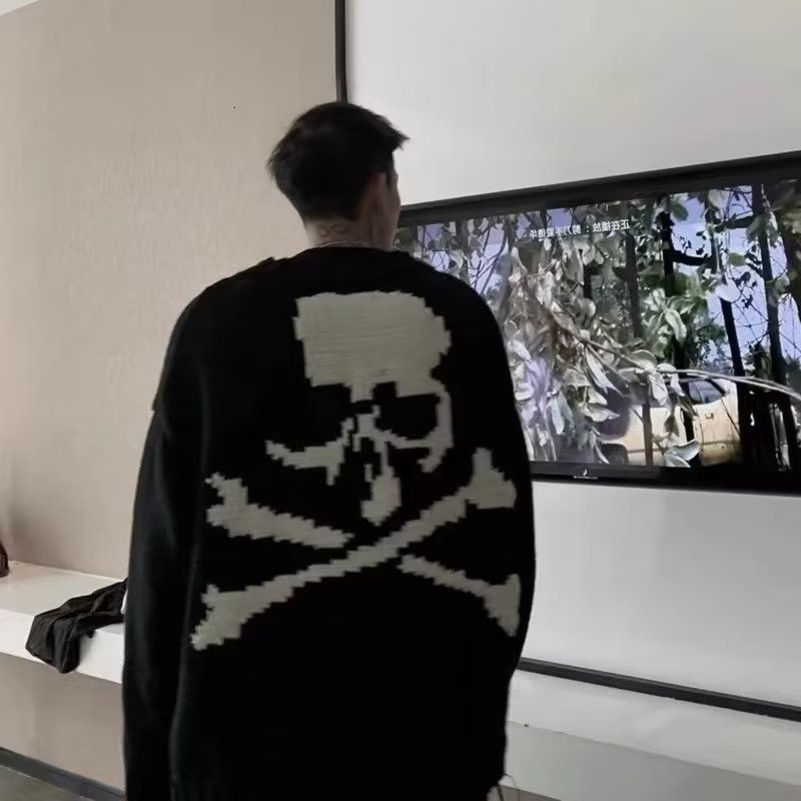 Ripped Hole Skull Print Men Long Sleeve Sweaters Fall Winter Keep Warm Highstreet Hip Hop Loose Clothing Unisex Halloween Daily 250919BJ