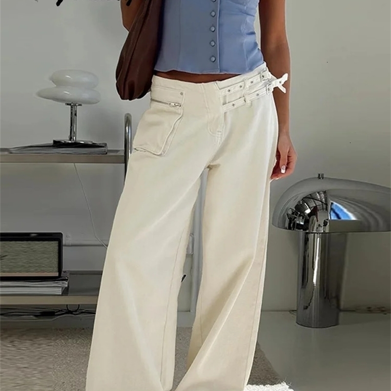 Street Belt Women Jeans Mid Waist Wide Leg Pockets Loose Female Denim Pants 2025 Autumn Fashion Allmatch Lady Trousers 250918