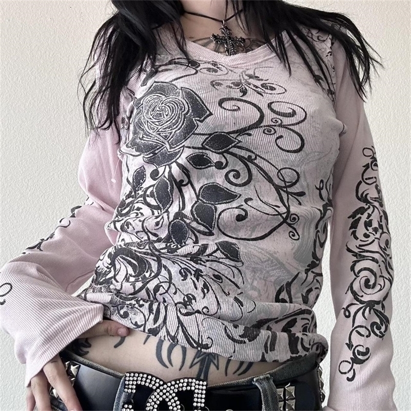Lamuusaa Fairy Grunge Y2k Top Femmes Vêtements esthétiques Imprimé floral V Neck à manches longues T-shirt 2000S Gothic Clothing Streetwear 25091