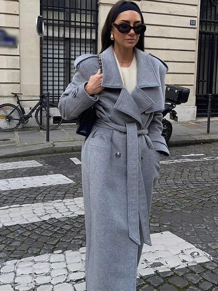 Notched Lapel Tie Waist Wool Maxi Coat Long Sleeve Double Breasted 2025 Autumn Elegant Women Outerwear Chic Office Lady Overcoat 250919