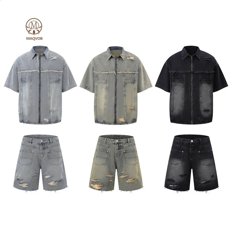 MAQVOB Top Quality EU US Size Street Wear Vintage Frayed Distressed Zipper Denim Jacket and Shorts Jeans Set 250919