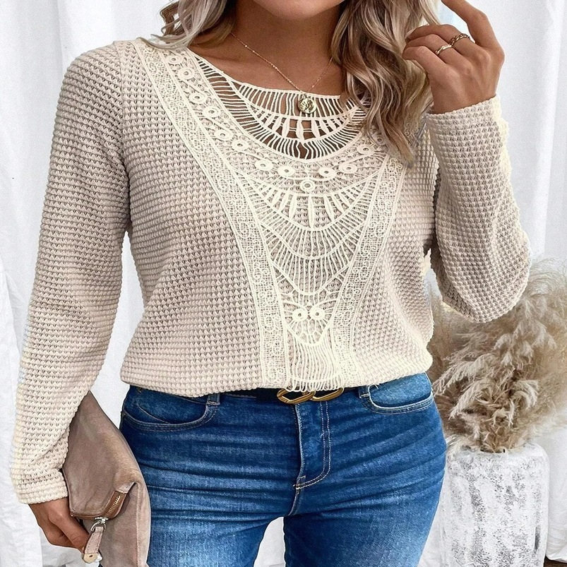 Solid Crew Neck Cut Out TShirt Elegant Ribbed Long Sleeve Contrast Lace For Fall Winter Womens Clothing 250919