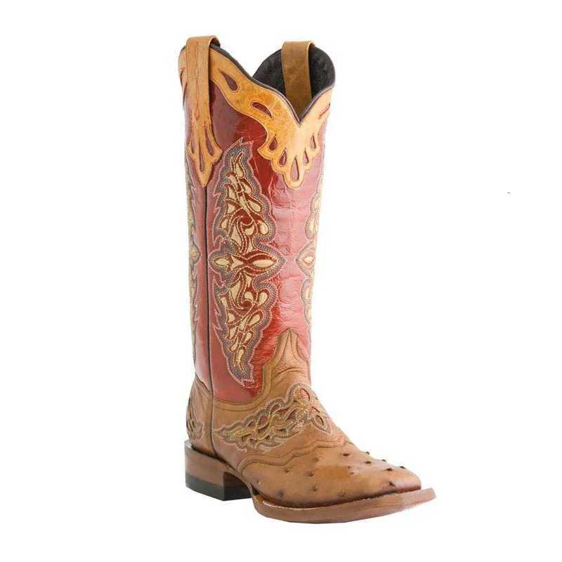 Leather Embroider Western Cowboy Retro Cowgirl Boots Low Heels Knee High Boots Female Footwea W250919