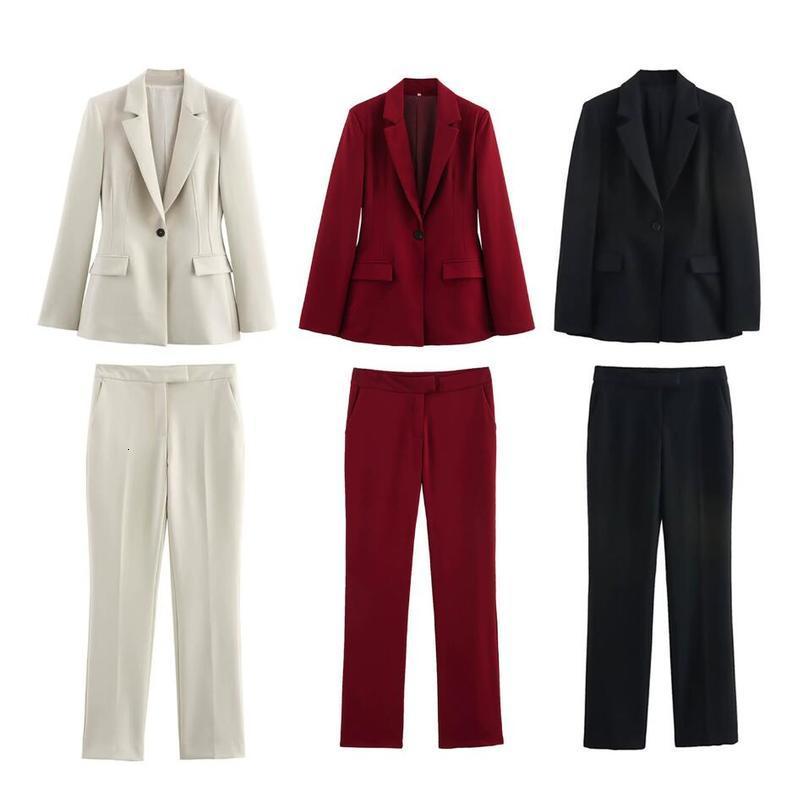 Spring Summer Pant Sets Vintage Chic Office Lady Solid Women Suit Pockets V Neck Blazer Straight Loose Pants Fashion 250919