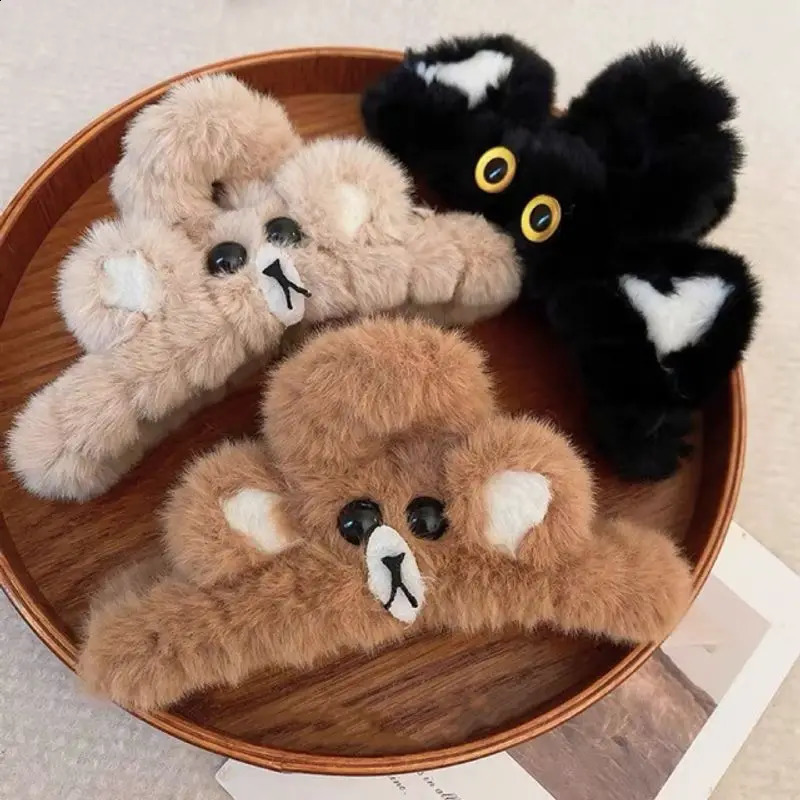 1pc Autumn and winter plush gripper cute teddy bear highend hair clip womens back of the head large shark clip headband 250918