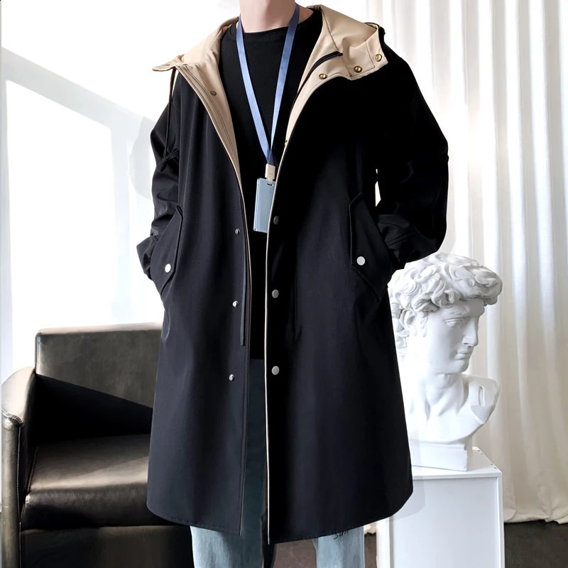 Trench Men Fashion Turn Down Collar Hooded Trenchcoat Autumn Singlebreasted Loose Windbreaker Casual Overcoat Two Piece 250919