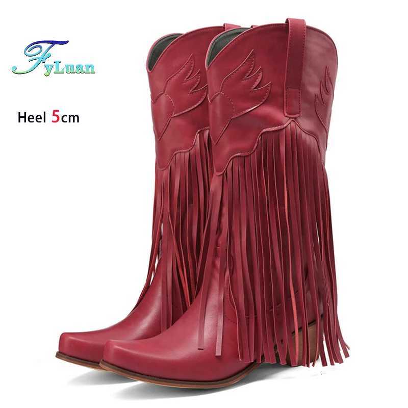 Boots de style occidental Femmes 5cm Block Tassels Chaussures de cowboy 2025 Bottes de midcalf rétro de printemps et d'hiver Zapatos Mujer W25091