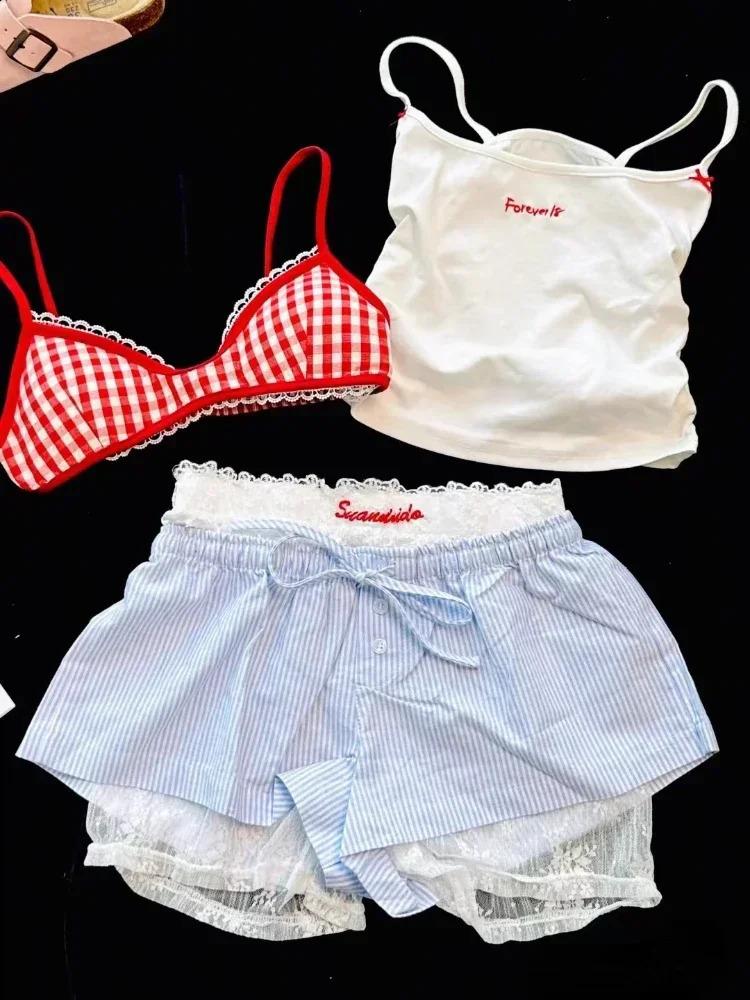 Woman Korean Fashion Lace 4 Piece Set Spicy Girls Y2k Elastic V Neck Sling Plaid Top Casual Bow Short Pants Chic 250918