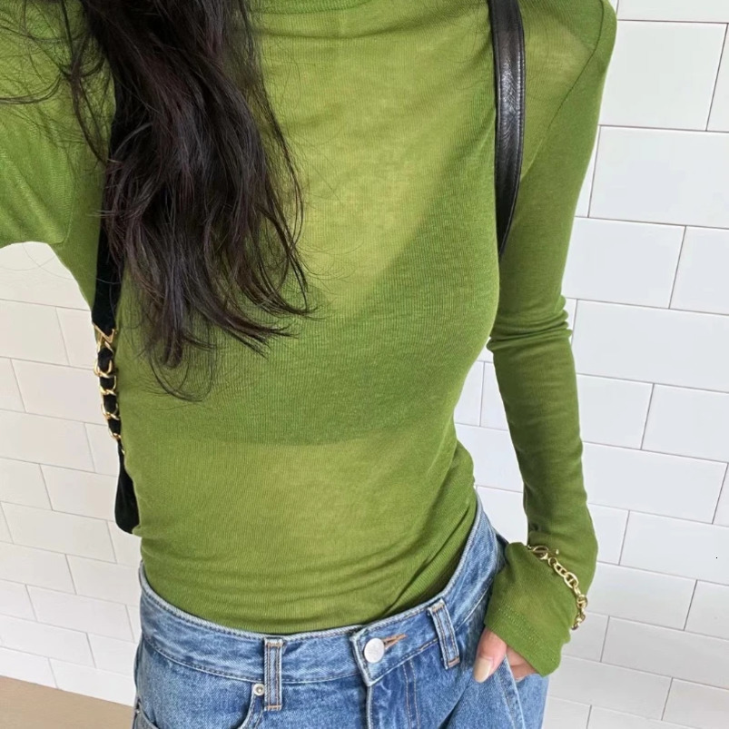 See Through Sexy Shirt Women TShirt Long Sleeve Korean Style Slim Basic Elasticity Top Womens Clothing T Femme 250919