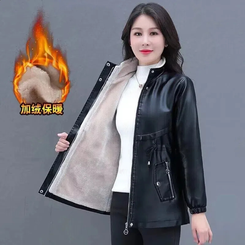 Autumn Winter Warm Faux Fur Coat Women Leather Jacket Ladies Slim Moto Biker Basic Jackets Plush Casual Leather Outerwear Black 250918