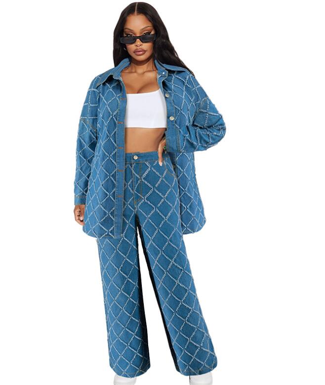 Fall Women's desinger denim two-piece set dress shirts loose wide-leg pants Tassel grid casual fashion jumper pants sweatshirt sweatpant
