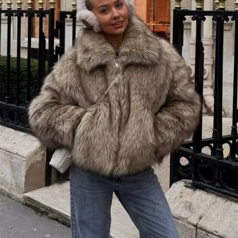 TRAFZA Womens Fashion Khaki Fur Allinone Fur Casual Jacket Retro Lapel Zipper Decoration Womens Winter Warm Street Jacket 250918