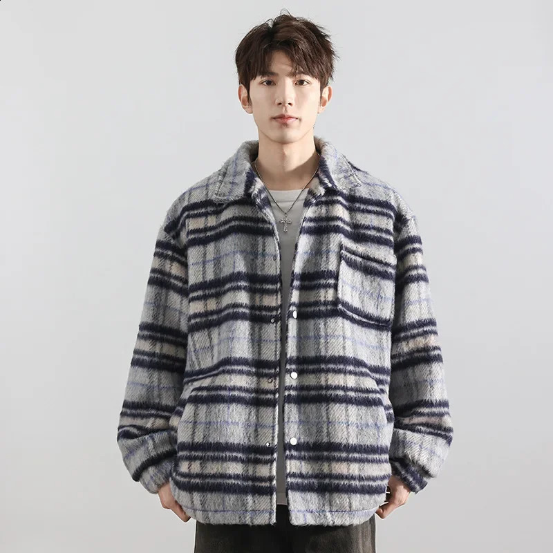 Mens Spring Autumn Winter Plaid Woolen Jacket Casual Loose Fit Coat Men Warmth Stylish Retro Overcoat Men Clothing Korean 250919
