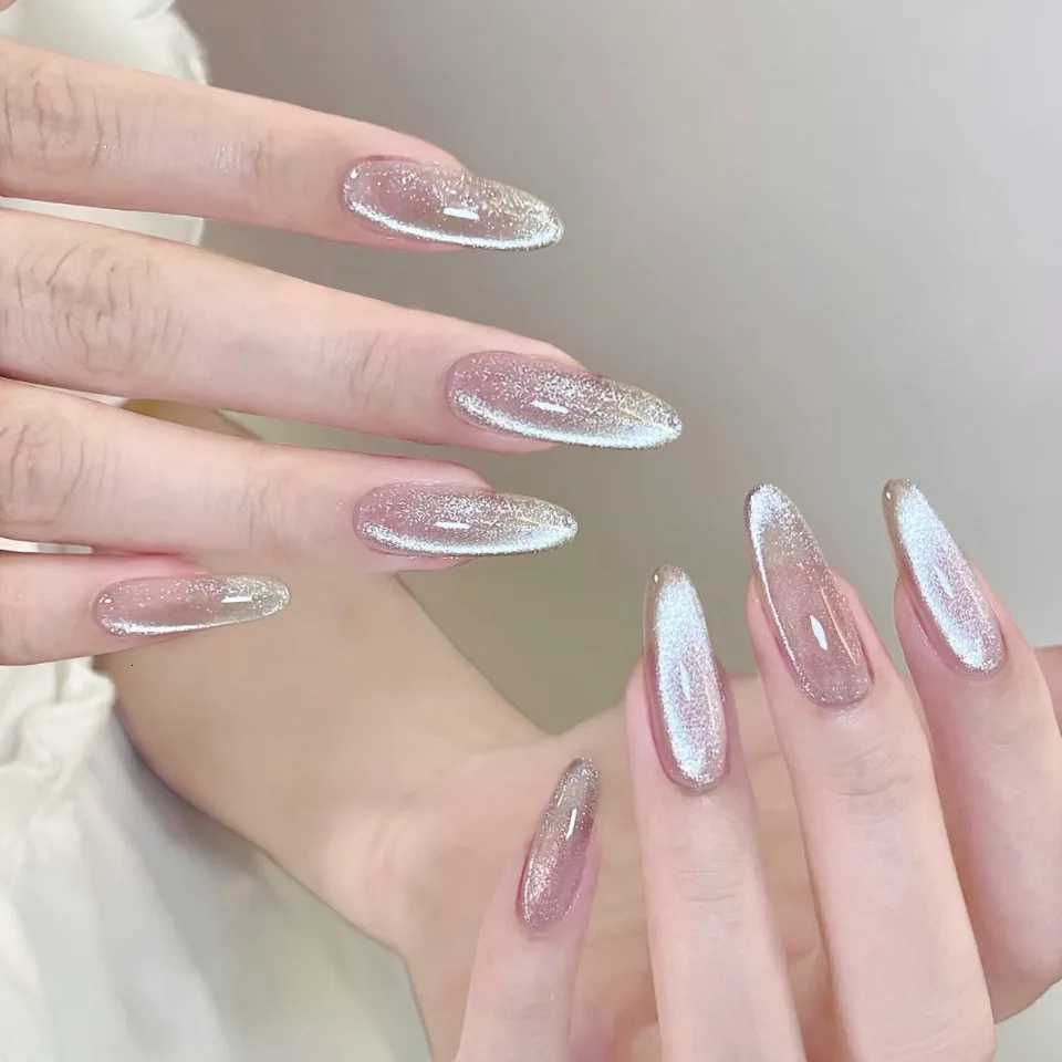 24pcs Pearlescent Cat Eyes False Nails Wearable Flash Crystal Long Almond Aurora Fake Nails Press on Finished Manicure Nail Tips W250919