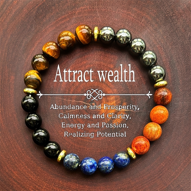 1pc Attraper le bracelet de richesse et de prospérité avec le tigre en pierre lapis lazuli perles de bois naturel hommes faits à la main