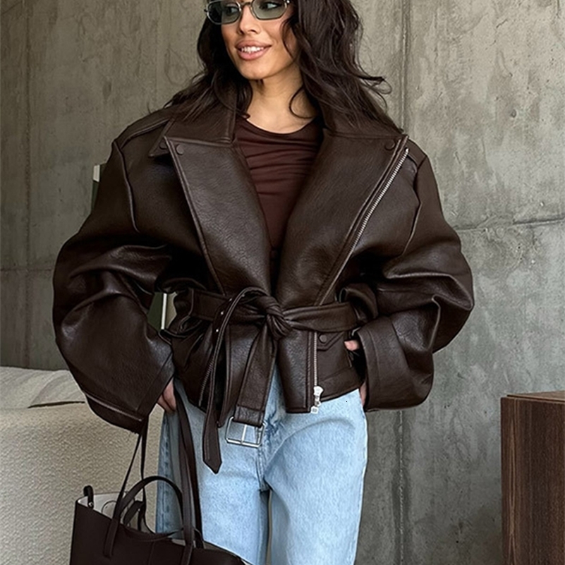 With Belt Leather Jacket Coat Lace Up Waist Cinched Suit Collar Slimming Zipper Biker Jackets Outwear Women Overcoat Streetwear 250918 11