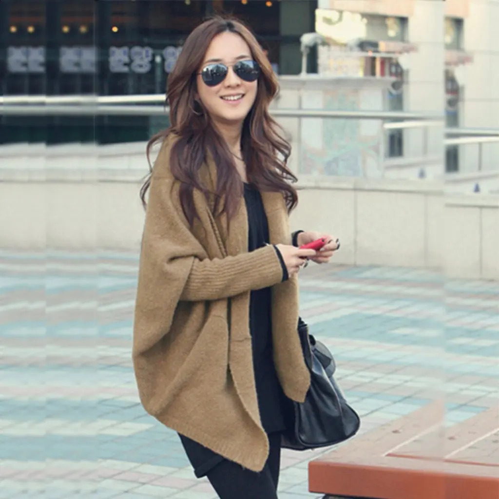 Korean Style Womens Large Size Knitted Cardigan Dolman Sleeve MidLength Shawl Loose Sweater Coat for Autumn Winter 250919