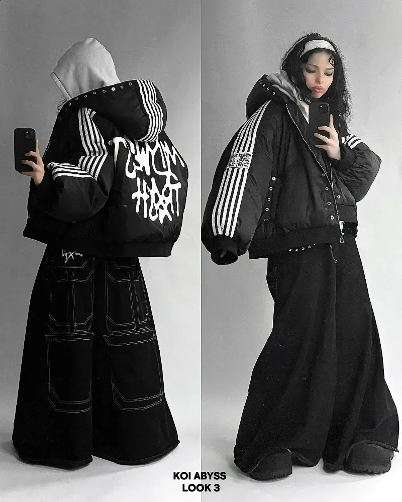 Harajuku Street hip hop striped loose zipper jacket warm cottonpadded jacket Goth fashion personality jacket for men and women250918