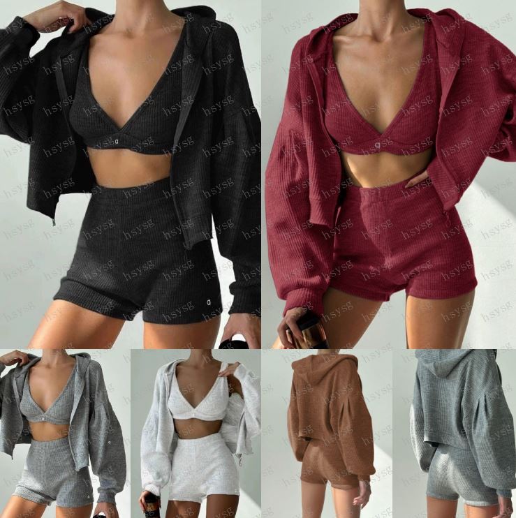 Ensemble sport femme trois pièces sweat oversize à capuche zippée tricoté V-neck short triangle S-L