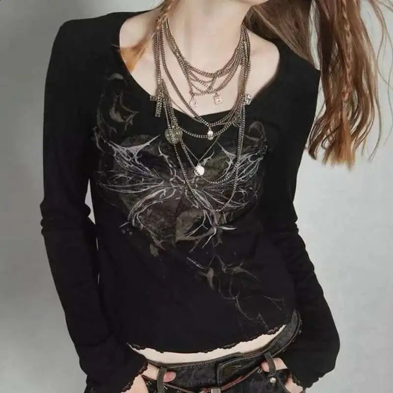 Modern Retro Subculture Gothic Haruku Long Sleeve TShirts For Women Y2K Punk Emo Top With Unique n 2000S Black Tees 250918