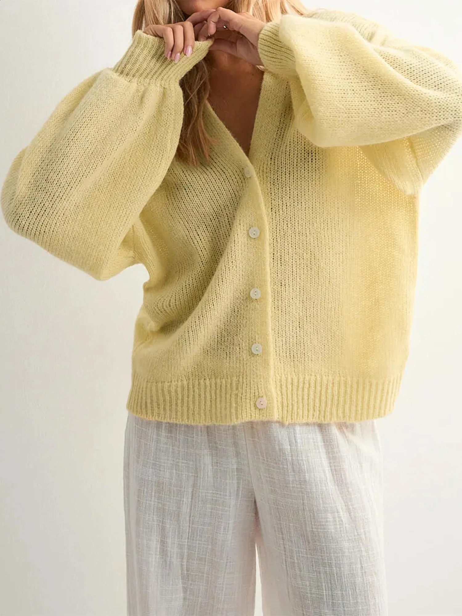 Stylish Women s Long Sleeve V Neck Button Down Knit Cardigan in Solid Color Loose Fit Sweater for Fashionable Look 250919
