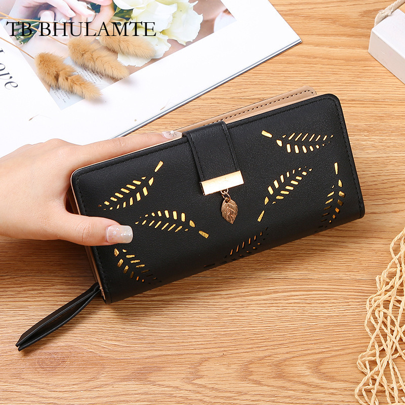 TB BHULAMTE Free Shipping New Designer Women's Wallet Hollow Leaf Purse Leather Wallet Korean Style Fold Zipper Luxury Long Card Holder Clutch