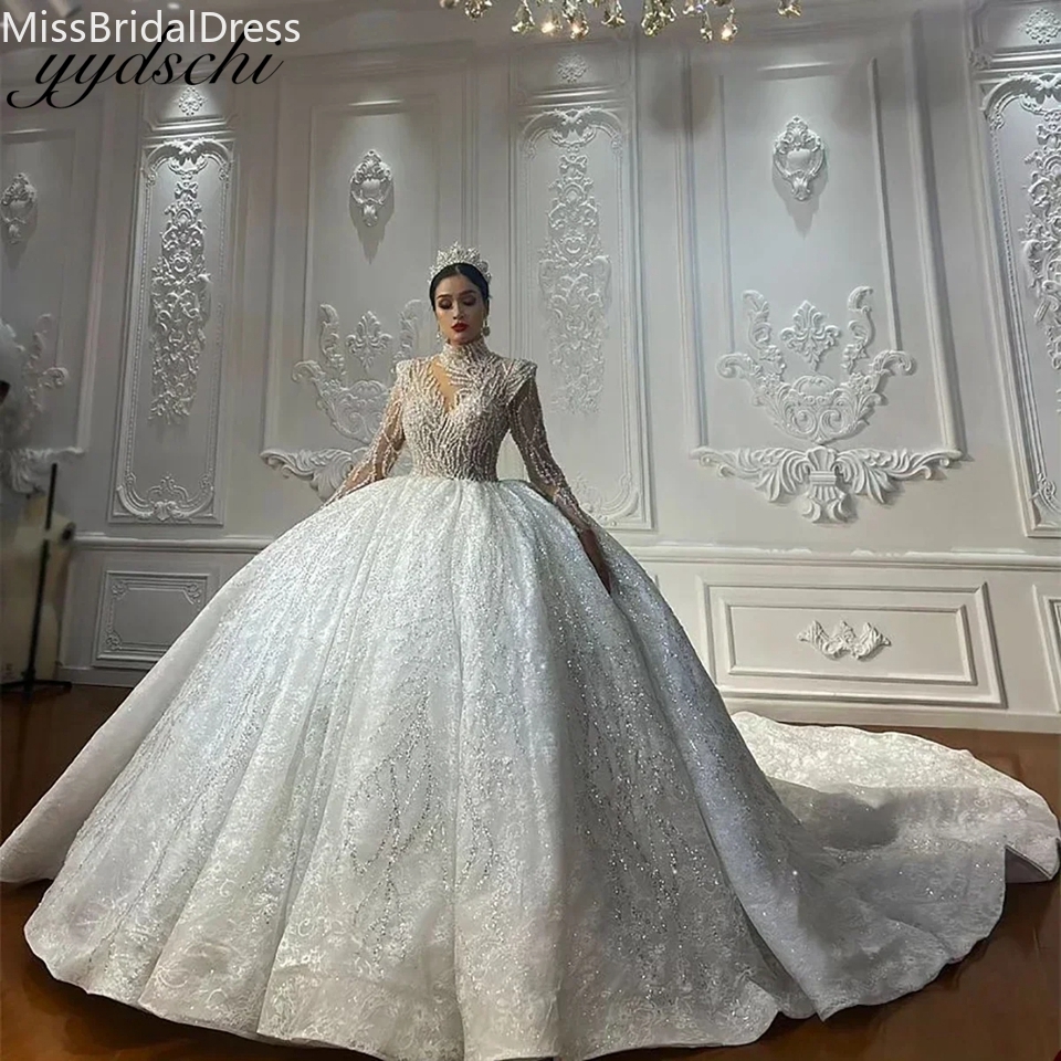 2025 Fall Winter Elegant Wedding Dresses Crystal Sequined Sleeves High Neck Tulle Appliques Lace Classic Ball Gown Bride Gowns Vestido De Novia 0919
