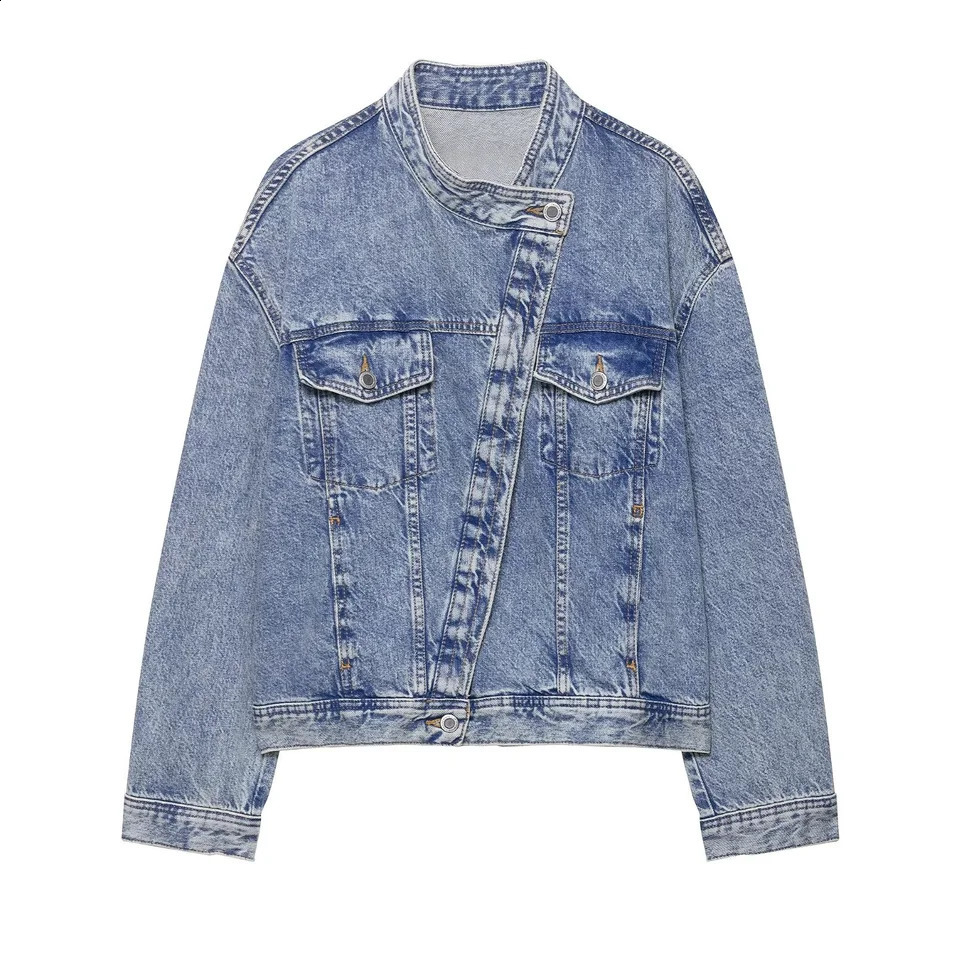 BSKTRAF2025 autumn womens casual fashion simple loose lapel longsleeved doublebreasted denim jacket 250919