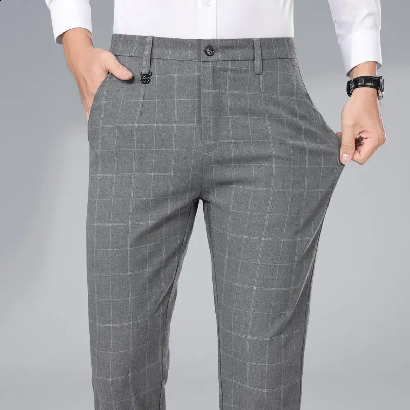Autumn Winter Mens Business Casual Plaid Pants Korean Fashion Stretch Slim Fit Suit Male Office Formal Versatile Trouser 250919