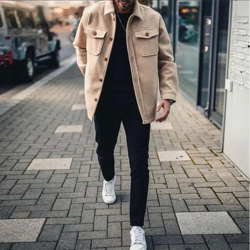 Mens Jacket Autumn Winter Youth Casual Woolen Coat Long Sleeve Single Breasted Pockets Outerwear Cardigan Male Tops 250919