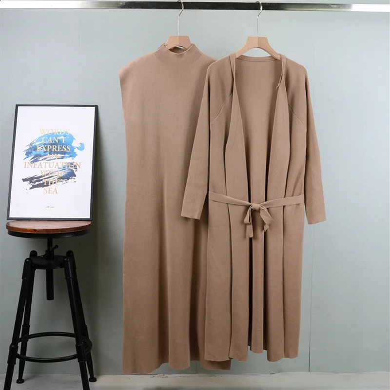 2025 Womens Autumn Casual Suit Long Cardigan Matching Elegant Slim fit sleeveless long skirt Two Piece Female Clothing 250919