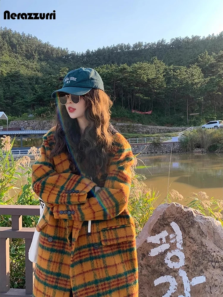 Nerazzurri Autumn Winter Long Loose Casual Colorful Thick Warm Soft Plaid Woolen Coat Women Double Breasted Korean Fashion 250919
