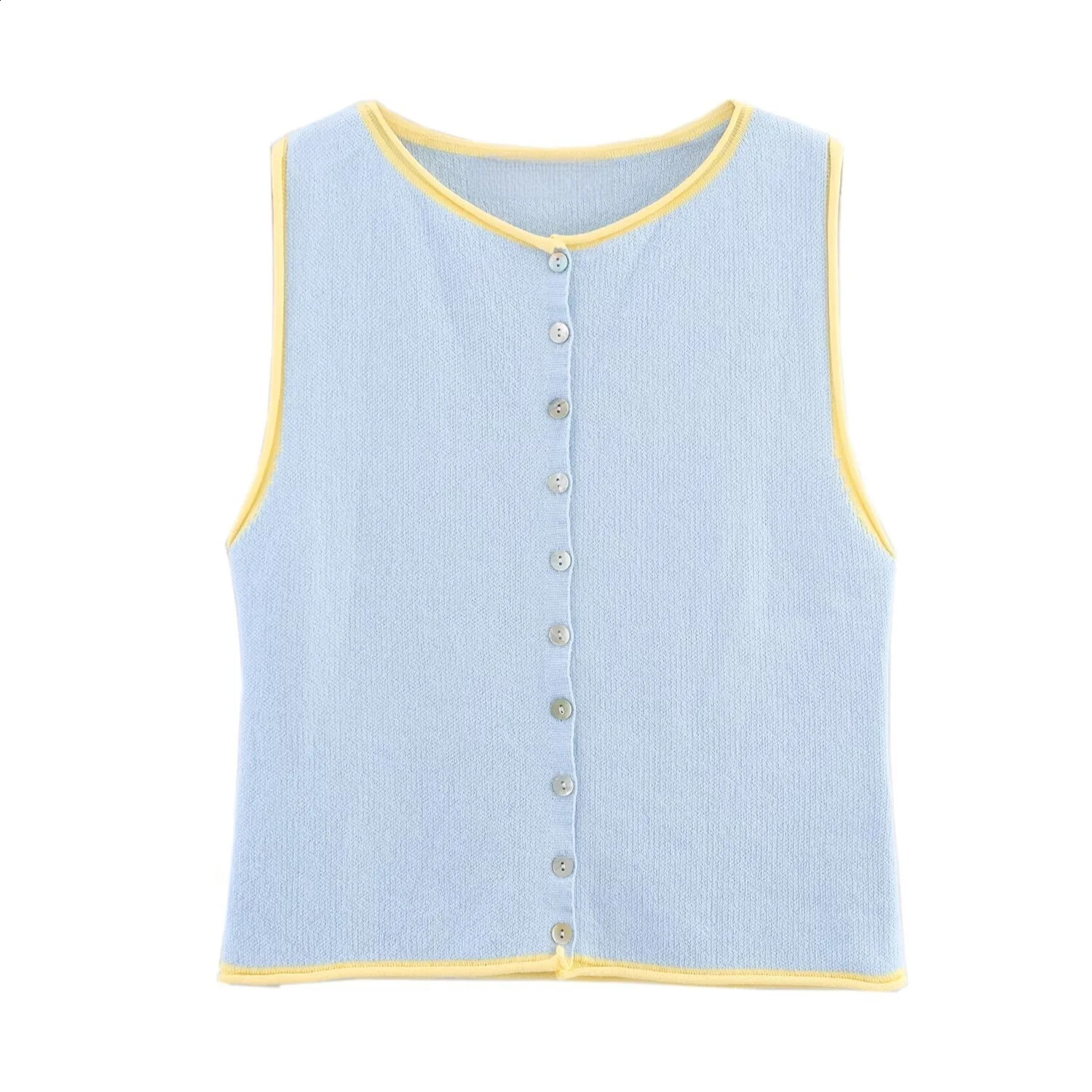 MYSTZA summer womens casual fashion simple and comfortable splicing decorative layer round neck sleeveless knitted top 250918