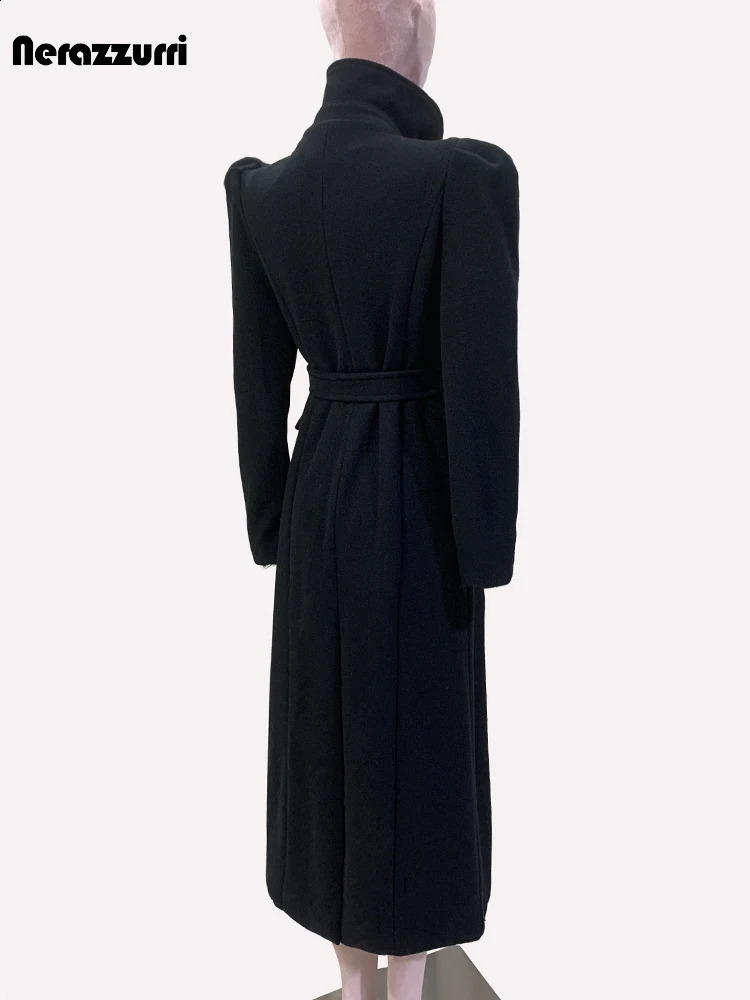 Nerazzurri automne hiver long noir élégant manteau en laine ajusté Femmes à manches bouffantes Mélanges de laine à deux poitrines