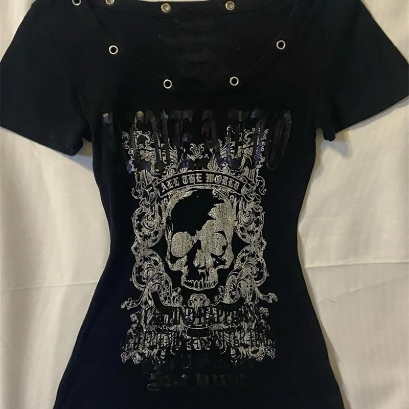 Y2k Clothes Tshirts Letter Goth Womens Top Sexy Slim Crop Top Punk Skull Graphic Tees Sweet Harajuku Korea Shirt Emo 250918