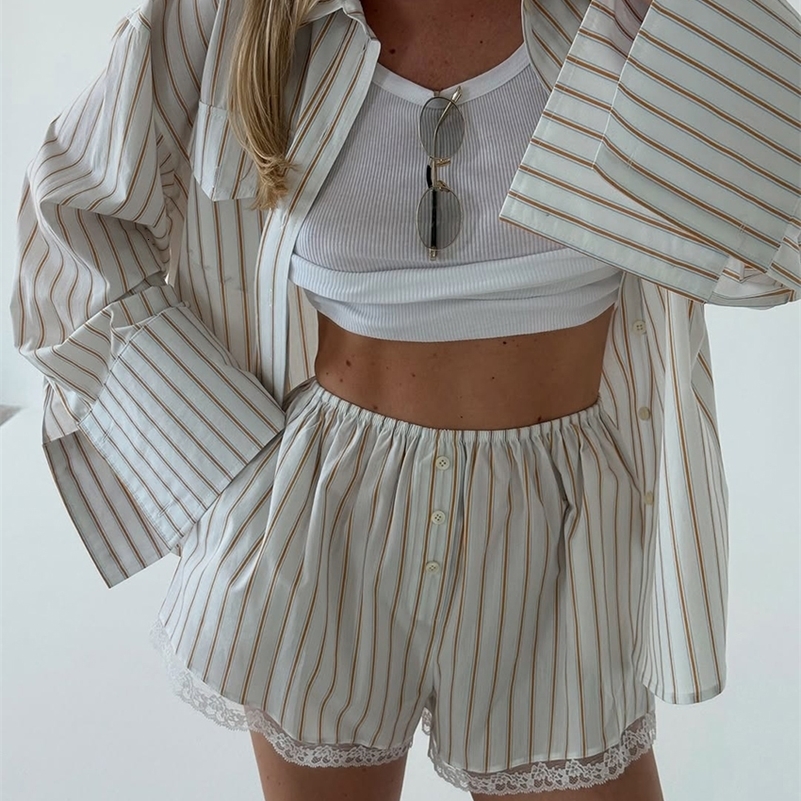 Clacive Fashion Loose Stripe Print Womens Two Pieces Set Elegant Long Sleeve Shirt With High Waist Shorts Set Female Clothing 250918