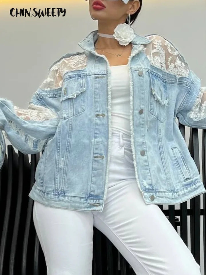 Denim Lace Patchwork Embroidery Women Jacket Street Lapel Long Sleeve Button Female Coat Autumn Fashion Lady Outwear 250919