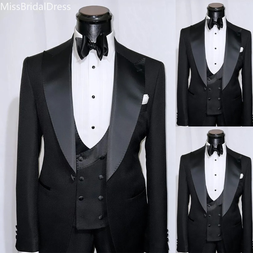 Two Pieces Wedding Tuxedos Men Suits Fashion Formal Fit Suit Jacket with Leather Double Breasted Customized Peaked Lapel Pockets Bridegroom Coat