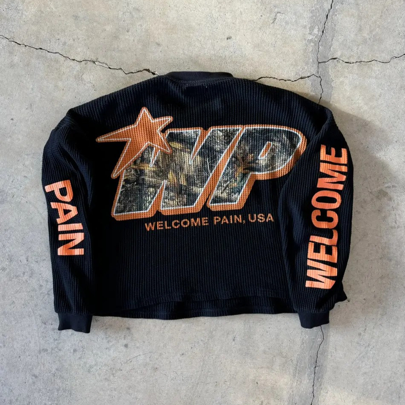 Y2K Black Waffle Knit Long Sleeved T Shirt Men Women Harajuku Retro Graphic Print Oversized Tops Gothic Pullover Autumn Clothes 250919