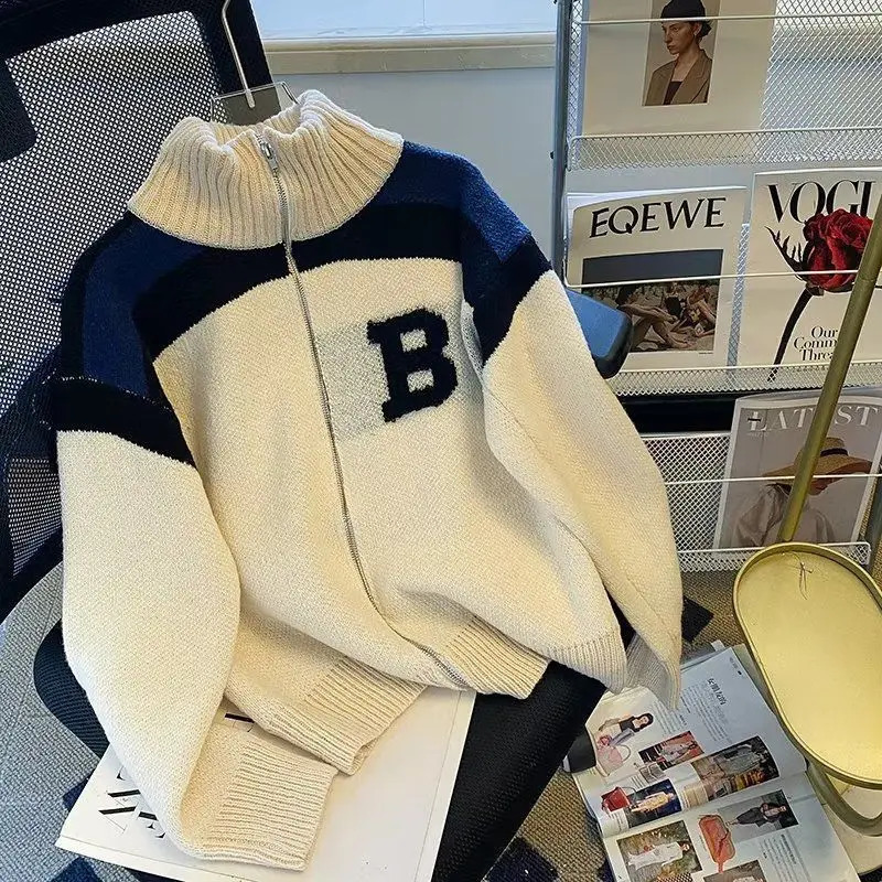 Sweater Mens Zipper High Collar Knitted Cardigan Contrast Color Coat Long Sleeves Loose Casual Stripe Letter Cardigans Tops 250919BJ
