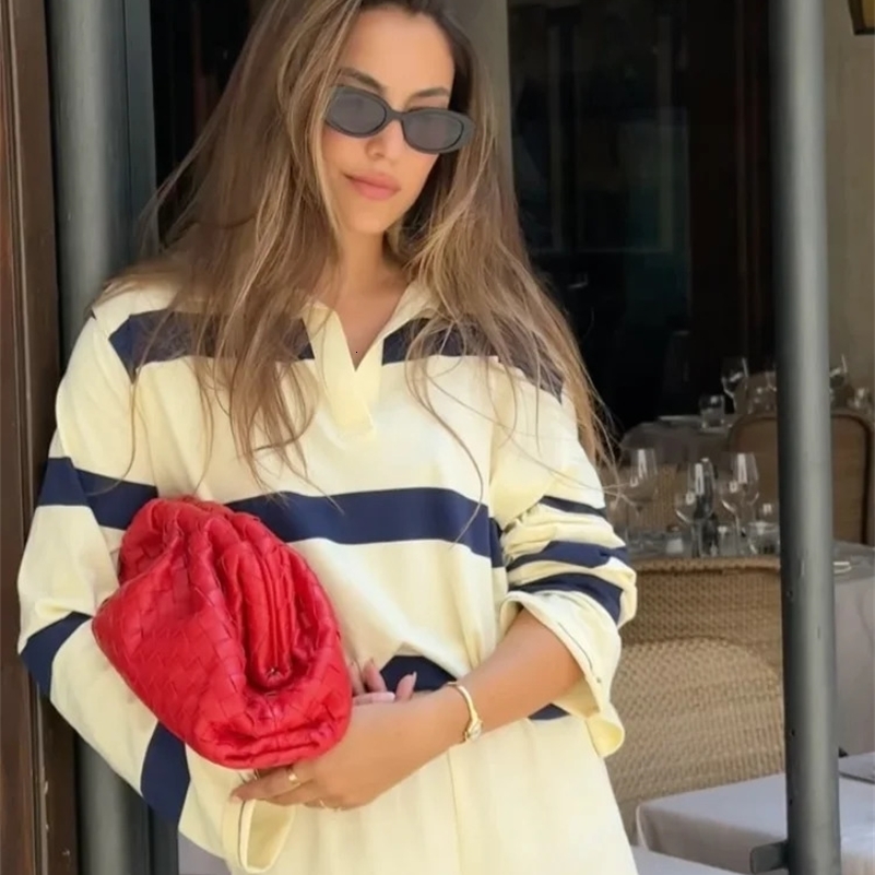 Womens Yellow Striped Knitted Pullover Casual Lapel Long Sleeve Loose Fit Sweaters 2025 Female High Street Tops Chic Autumn 250918
