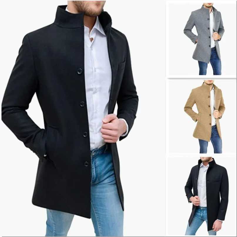 Men Autumn Winter Tweed Coat Solid Color Long Sleeve Turtleneck Button Pockets Casual Warm Fashion Comfortable Regular Standard X250919