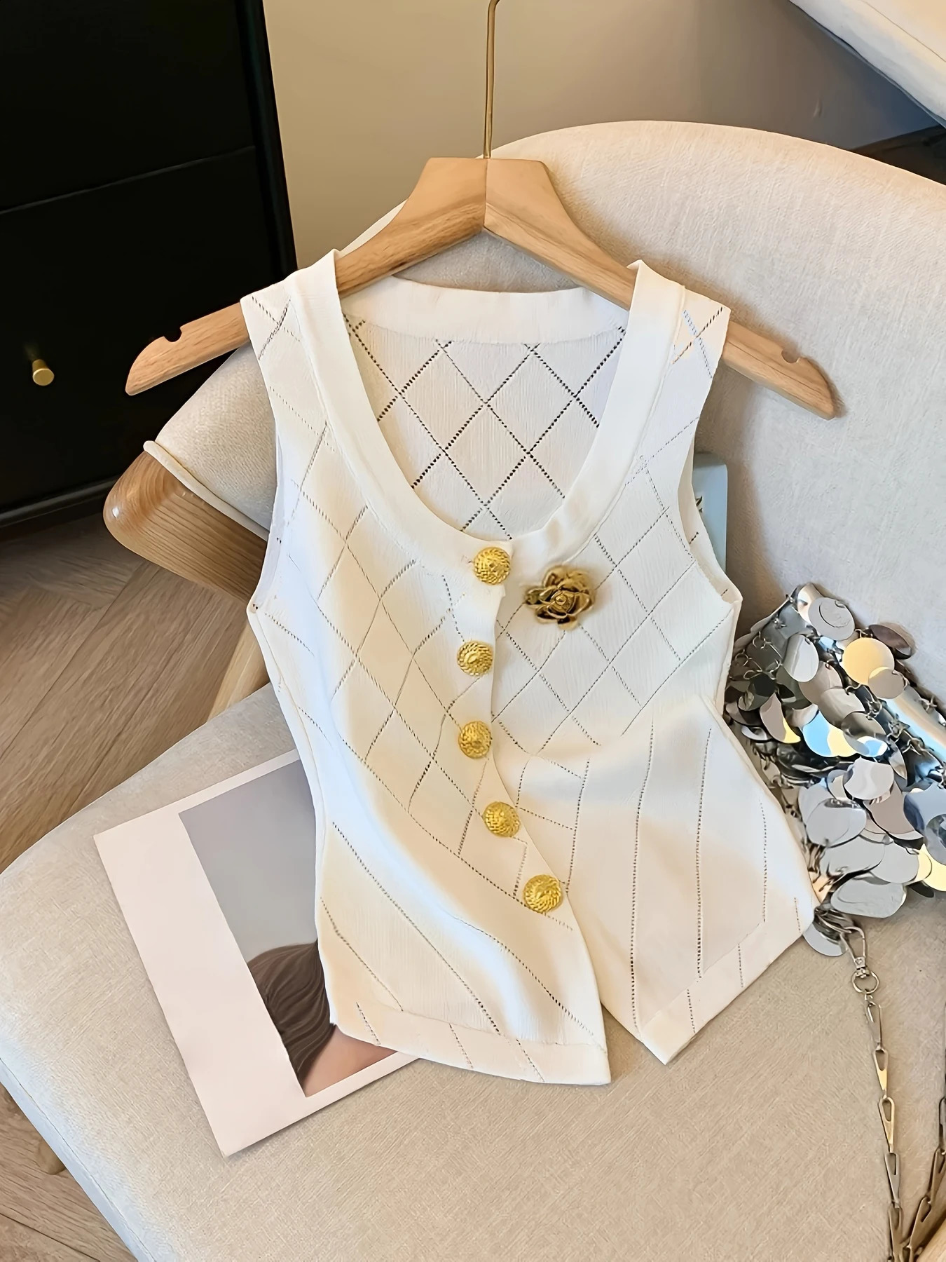 Chic Black Knit Vest with Floral WomenS Sleeveless VNeck Top Sexy Summer Crop Blouse Golden Button Stretchy Casual Outfits Top 250918