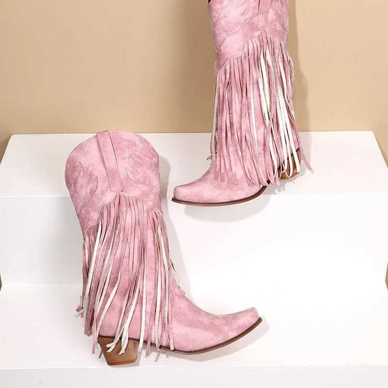 Nouvelles bottes de cowboy ethnique rétro pour femmes avec des chaussures d'hiver pour femmes à tassel moyen W250919